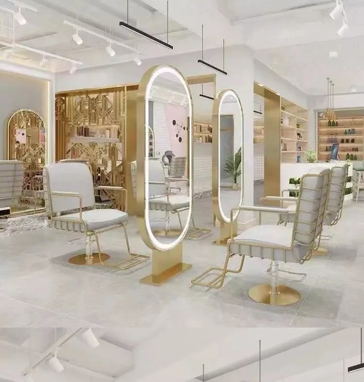 Salong Möbler Beige Färg Styling Stol Salong Spegel med LED Light Golden Trolley Salong Package