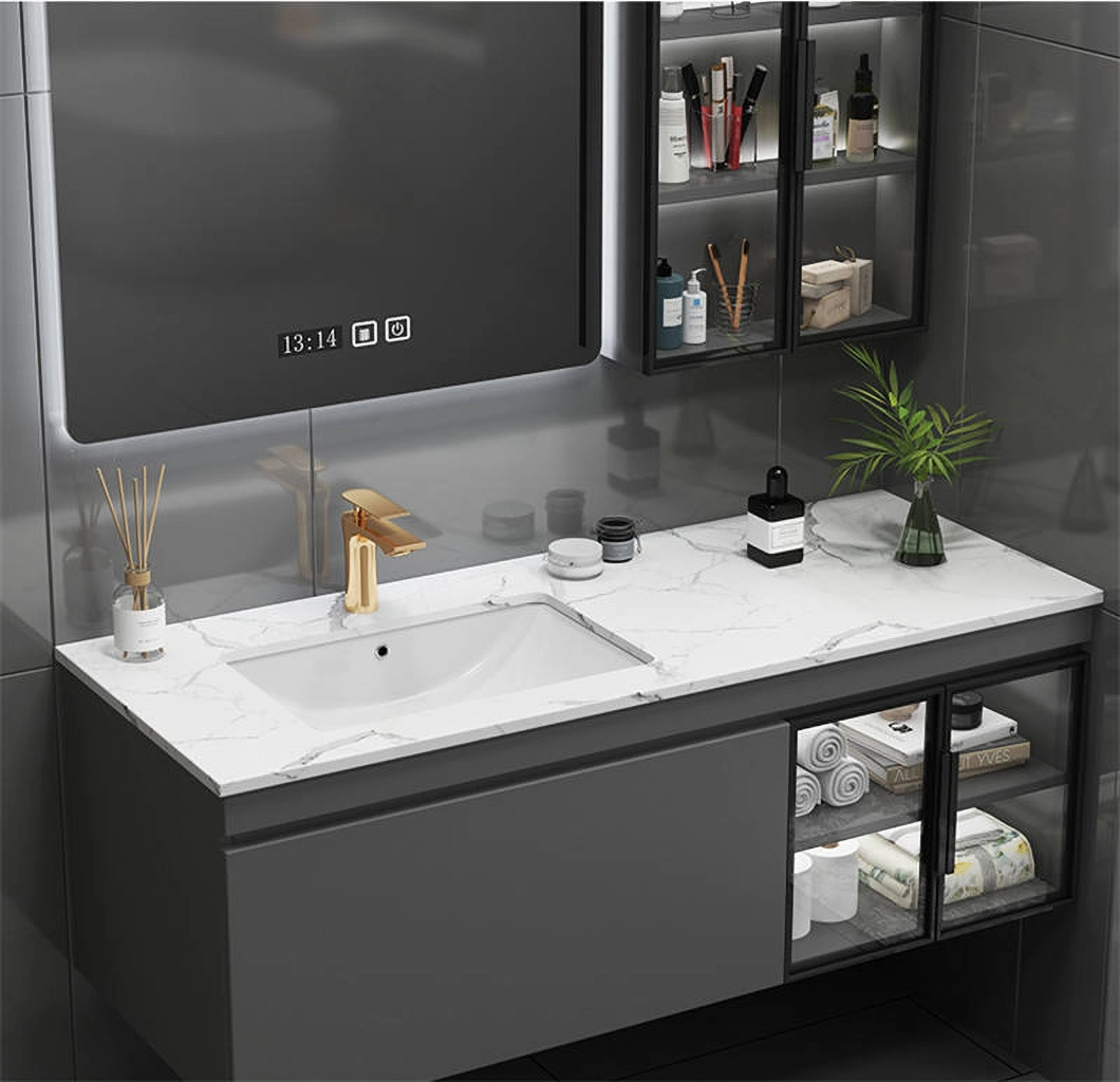 Modern lägenhet Toalett Vattentät aluminium Flytande förvaringsskåp Makeup Trä badrumsskåp med spegel