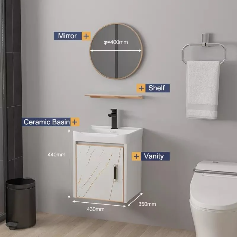Vattentät Modern Spegel Väggmontering Aluminiumskåp Liten Vanity Set Badrumsskåp med handfat