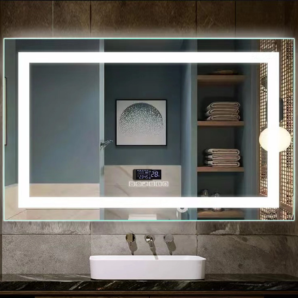 Modern stil rektangulär tidsvisningsspegel Badrum Anpassad LED-bakgrundsbelyst Defogger Smart Mirror