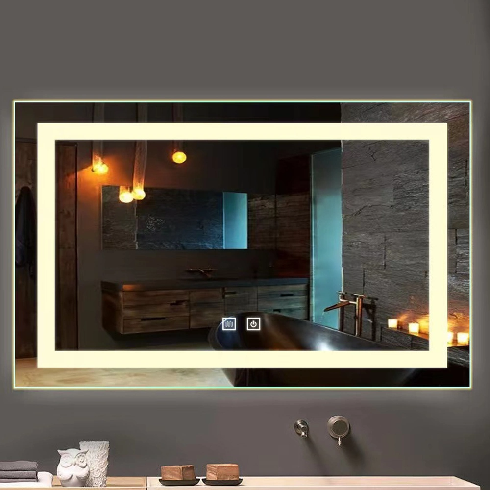 Modern stil rektangulär tidsvisningsspegel Badrum Anpassad LED-bakgrundsbelyst Defogger Smart Mirror