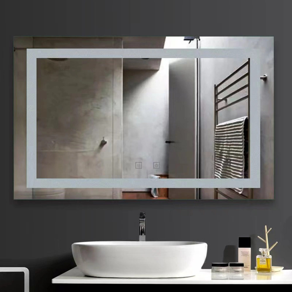 Modern stil rektangulär tidsvisningsspegel Badrum Anpassad LED-bakgrundsbelyst Defogger Smart Mirror