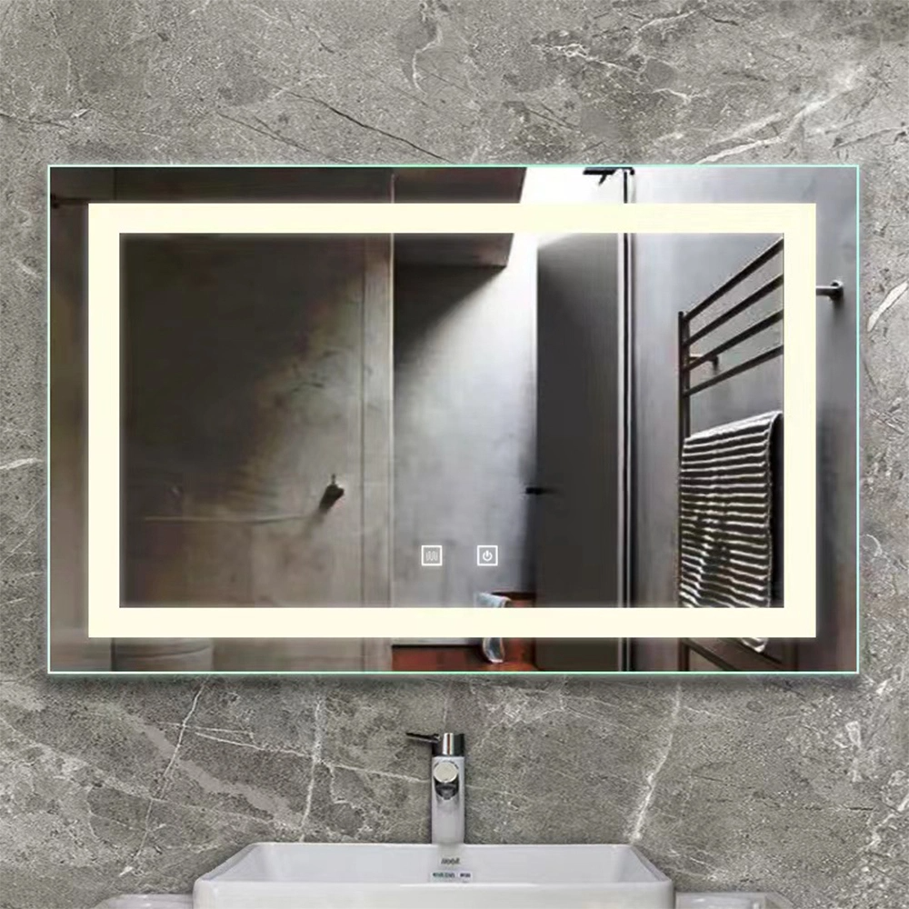 Modern stil rektangulär tidsvisningsspegel Badrum Anpassad LED-bakgrundsbelyst Defogger Smart Mirror