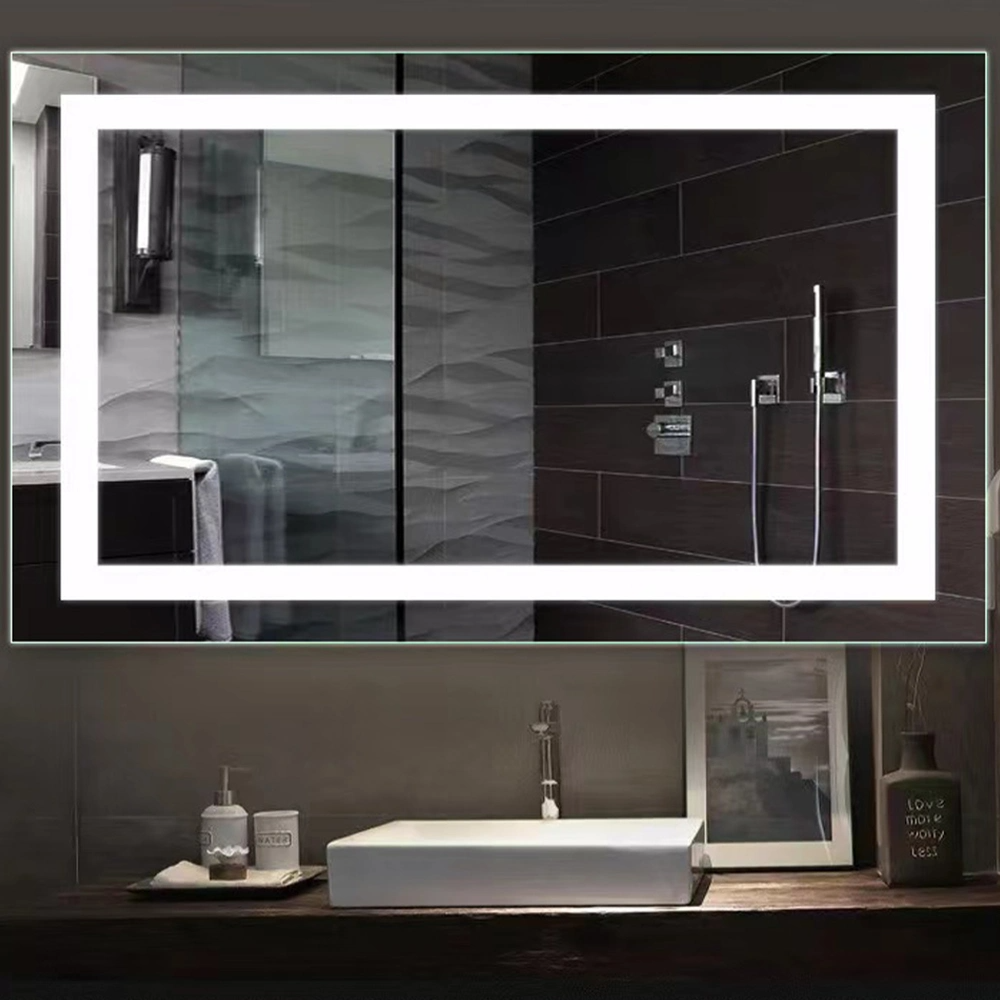 Modern stil rektangulär tidsvisningsspegel Badrum Anpassad LED-bakgrundsbelyst Defogger Smart Mirror