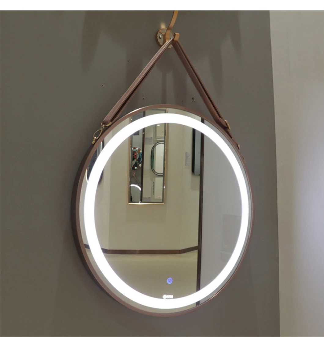 Vägg Badrum LED Rund Spegel med Läderrem Bälte Smart Mirror Väggspegel Heminredning Bluetooth Sminkspegel Badrumstillbehör Salongsmöbler