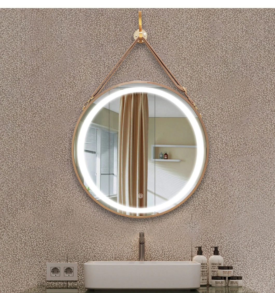 Vägg Badrum LED Rund Spegel med Läderrem Bälte Smart Mirror Väggspegel Heminredning Bluetooth Sminkspegel Badrumstillbehör Salongsmöbler