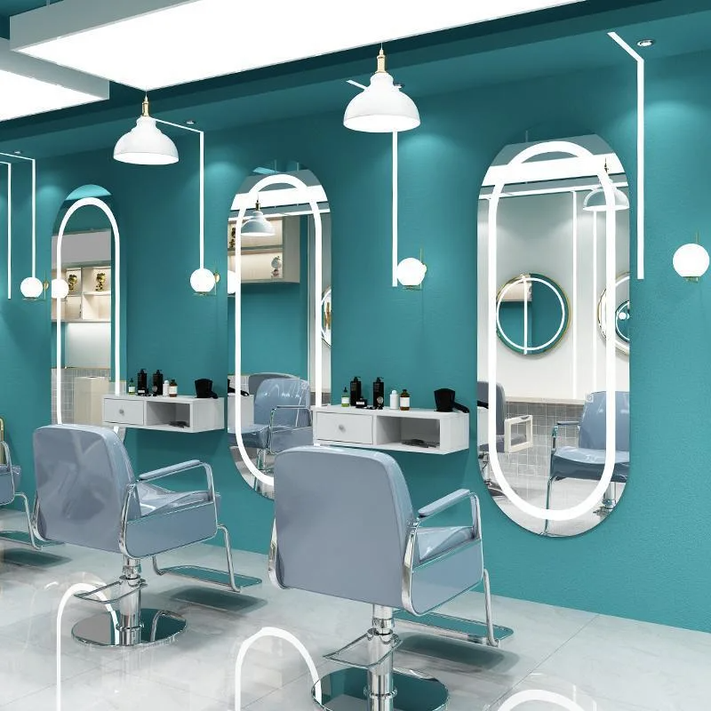 Barbershop Tvåsidig Enkel Salong Spegel Skönhetssalong med skåp och bord